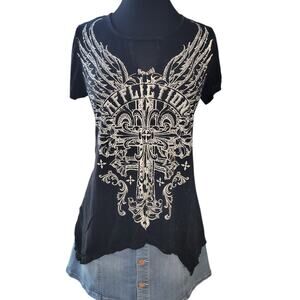 Affliction Black Lava Wash T-Shirt Medium Thrashed Distressed Y2K Cross Wings
